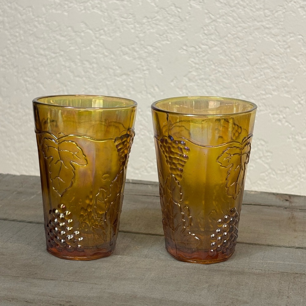 Amber Glass Tumblers with Grape Design • Set of 2